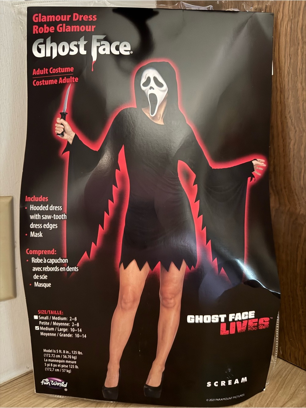Ghost Face Women’s Costume - Black with Red Trim with mask.